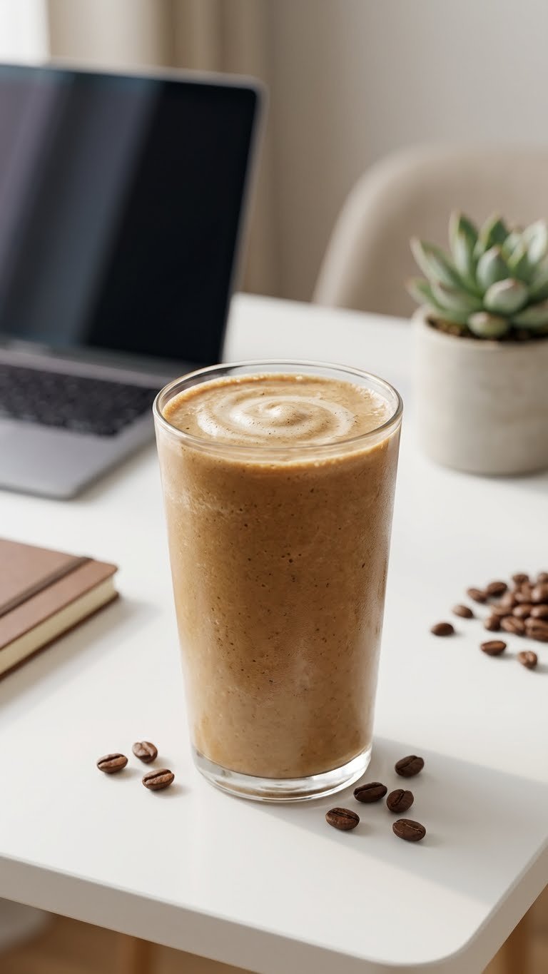 Protein Coffee: 7 Easy Recipes for Energy & Muscle 11 Vibrant protein coffee smoothie in a clear glass, blended, with foam on a white table in a modern office with a laptop.