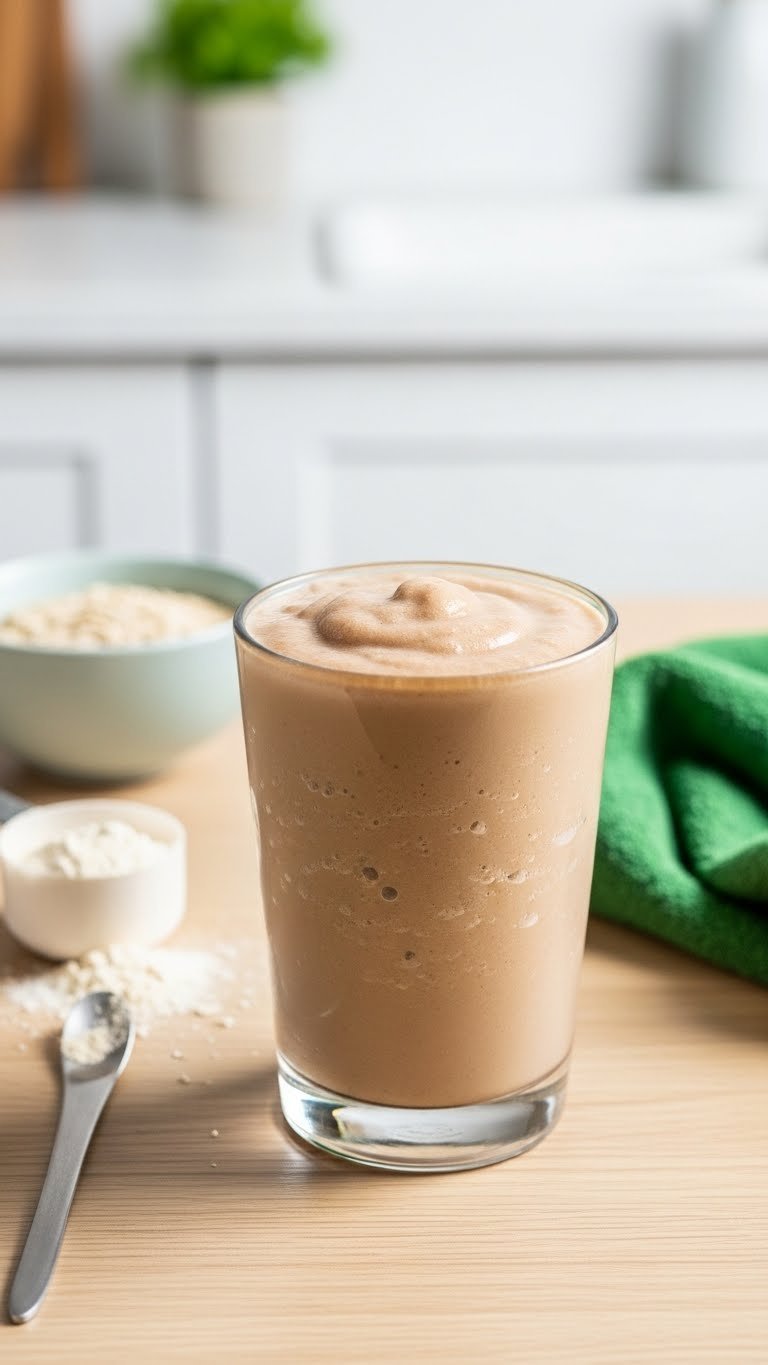 Vibrant protein-packed frozen coffee in clear tumbler with thick smooth consistency on light wooden table with fitness elements