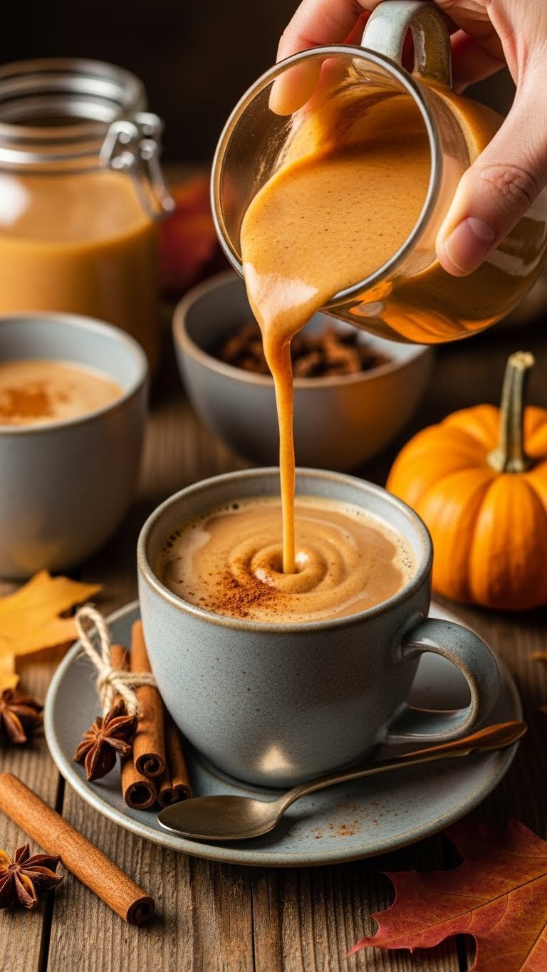 Vibrant pumpkin spice keto coffee creamer pouring into cozy mug surrounded by autumn leaves and cinnamon sticks