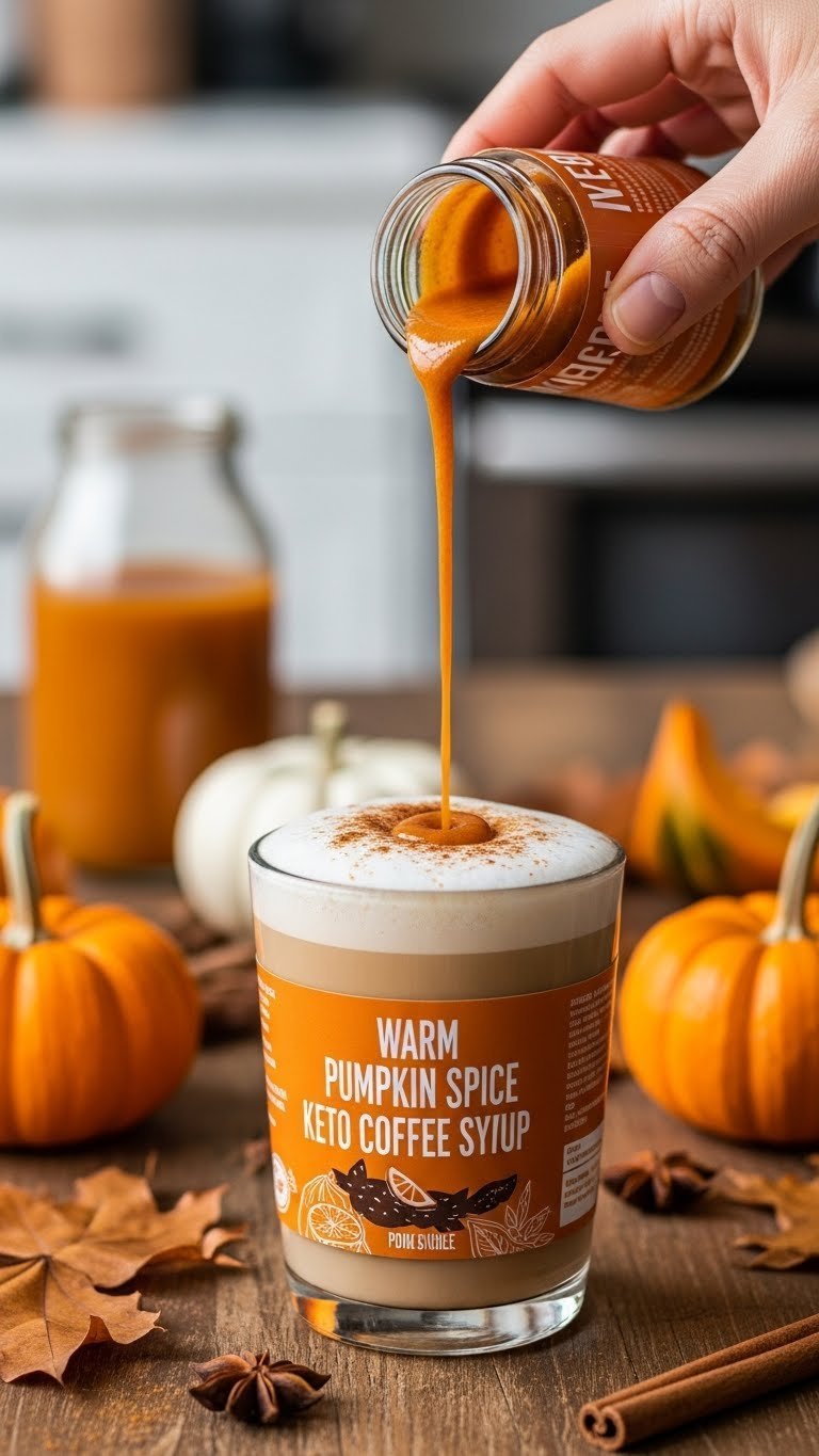 Vibrant pumpkin spice keto coffee syrup drizzled over frothed latte with decorative pumpkins on rustic table