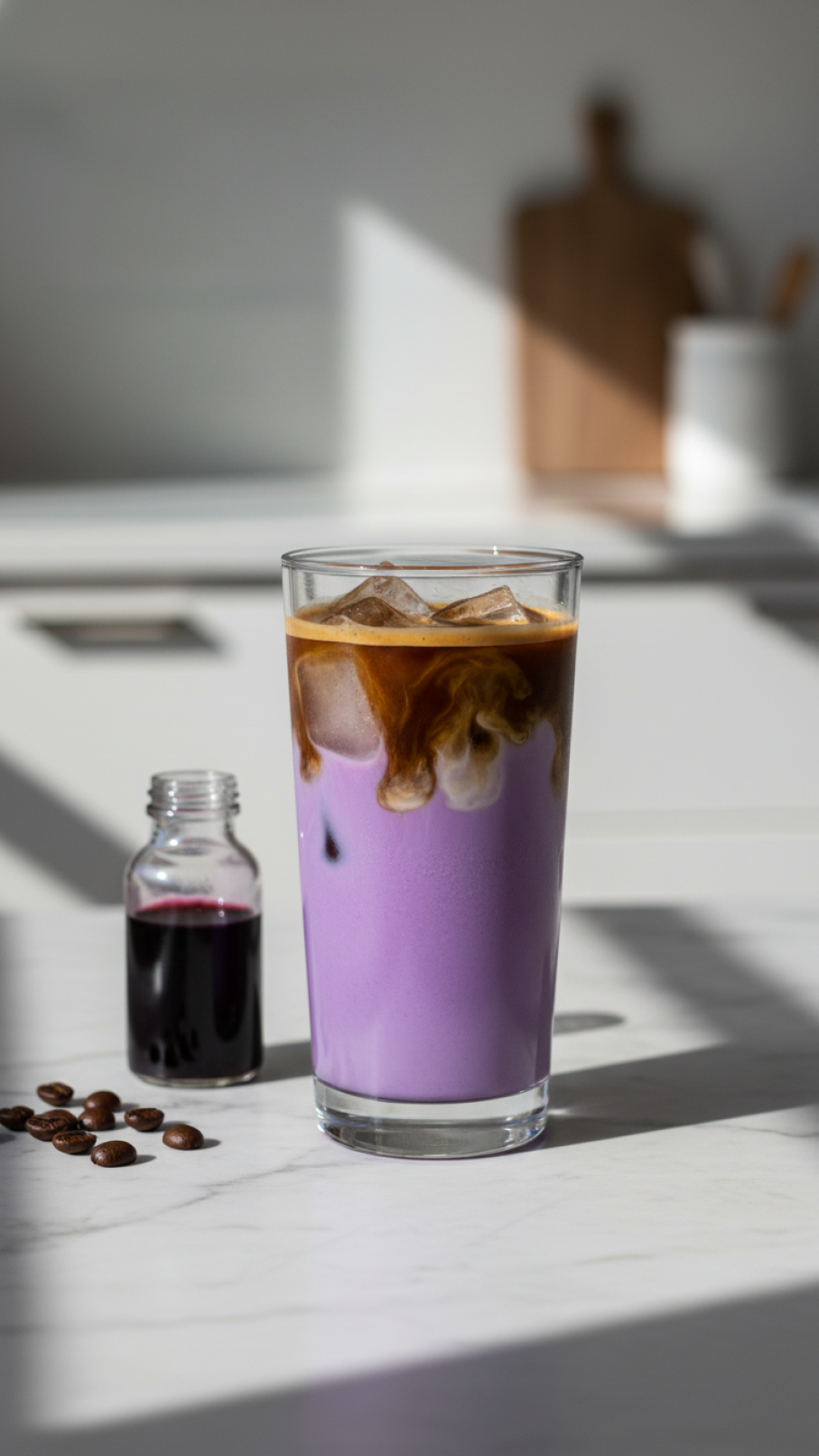 Vibrant purple ube iced latte in tall glass with layered espresso swirl on marble countertop in minimalist kitchen setting