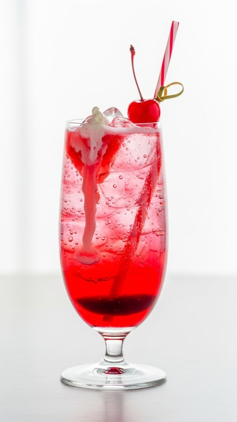 Vibrant red Cherry Italian Soda in tall glass with layered syrup and cream cascade garnished with cherry and colorful straw