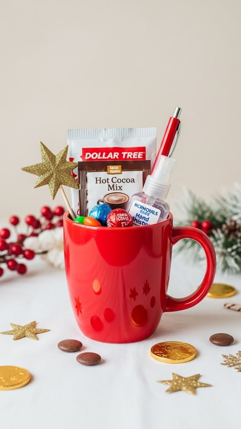 Vibrant red Dollar Tree mug filled with assorted candies, cocoa mix, holiday pen, and sanitizer