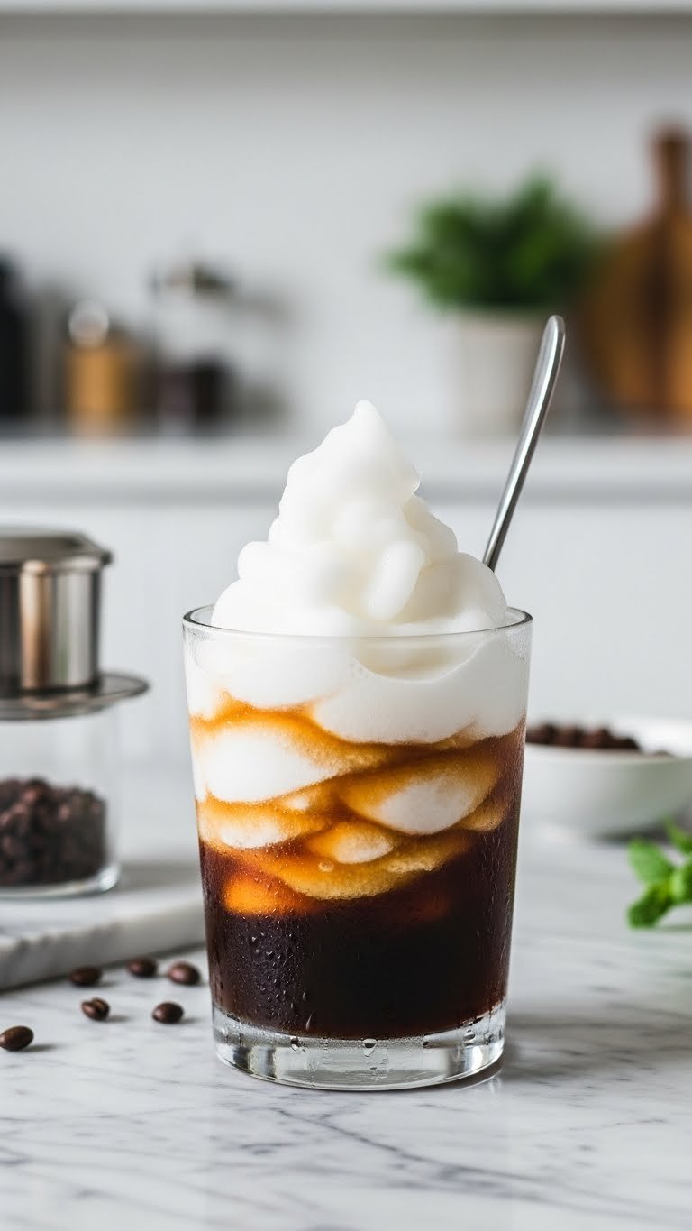 Vietnamese coconut coffee slushy in frosted glass with layered coffee and coconut textures on marble countertop