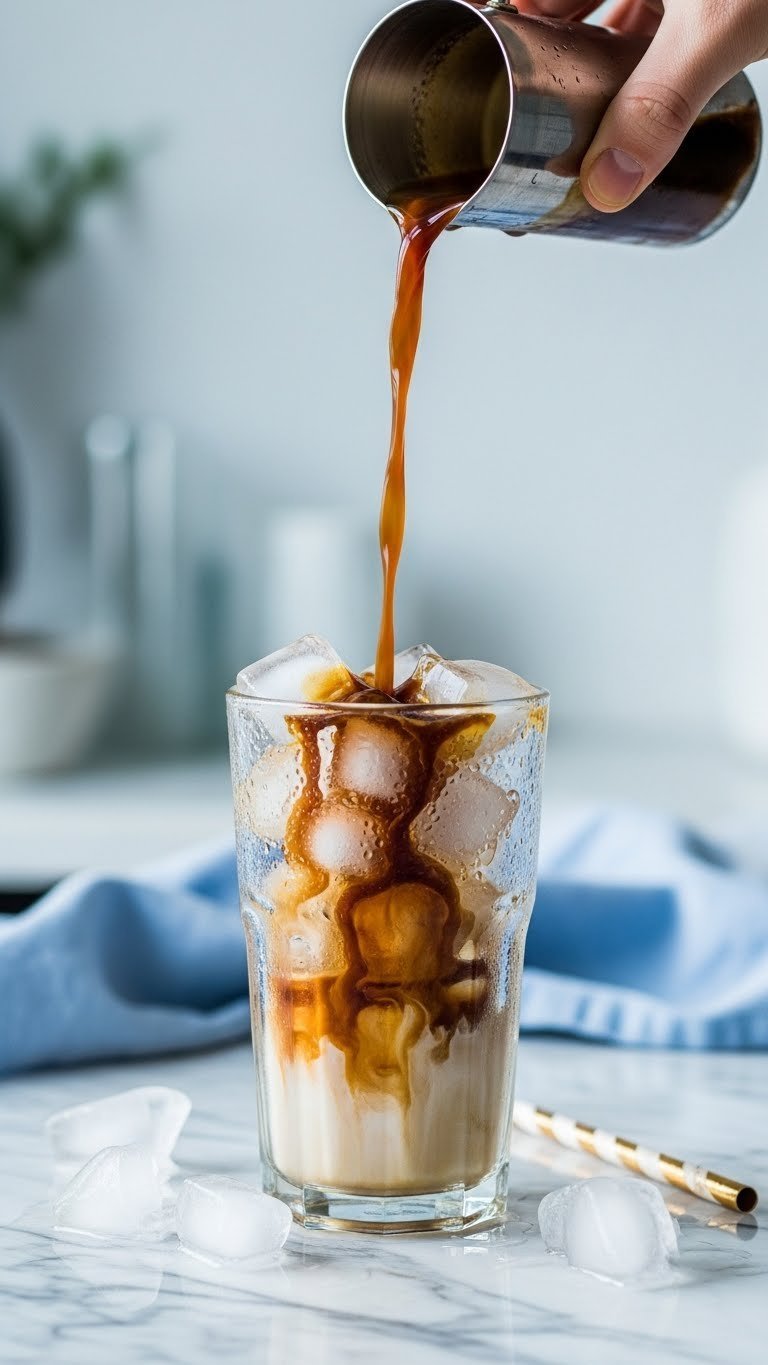 Vietnamese iced coffee poured over ice cubes in tall glass with condensation beads