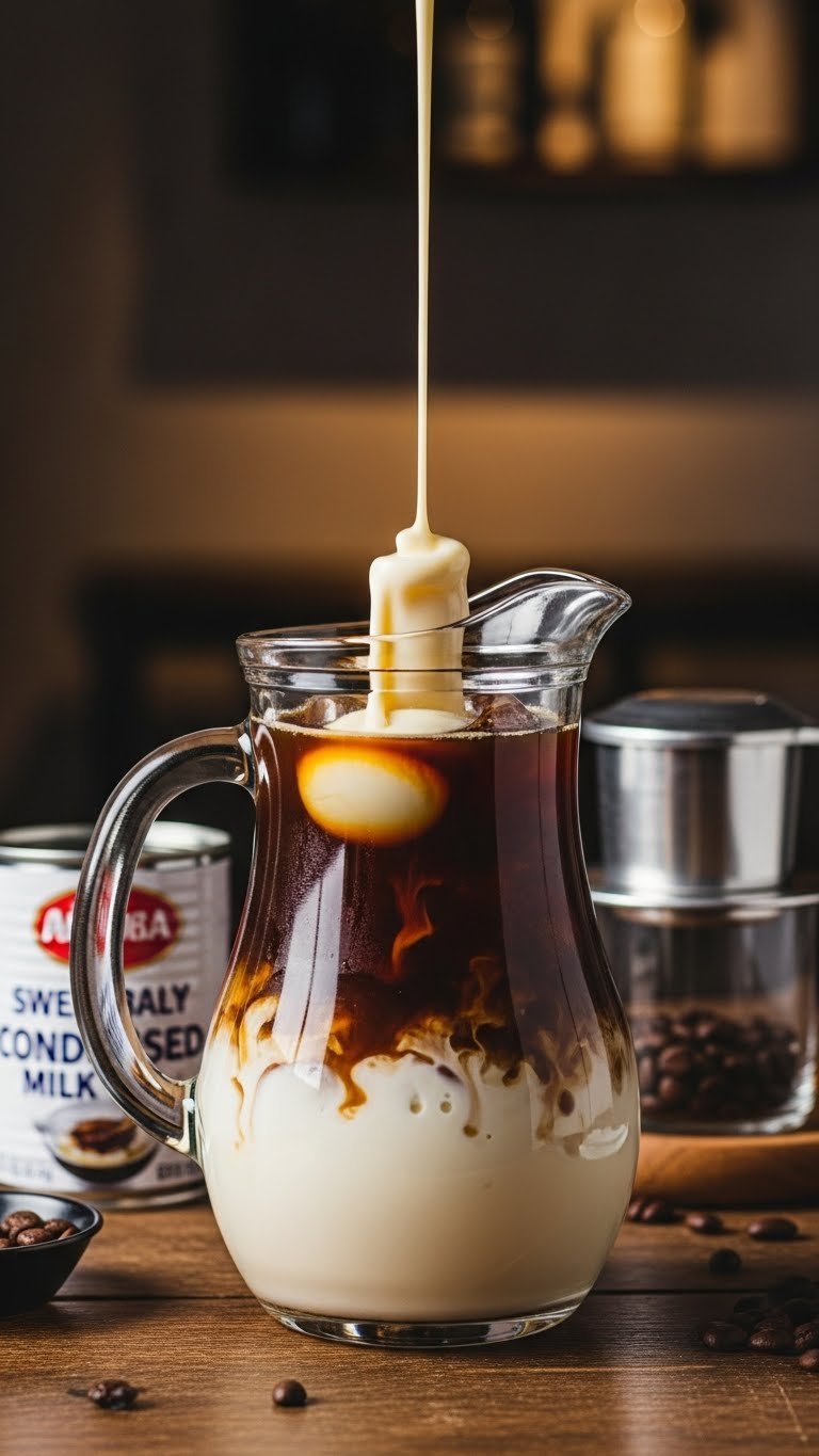 Vietnamese-style iced coffee with sweetened condensed milk swirl in glass pitcher on rustic table