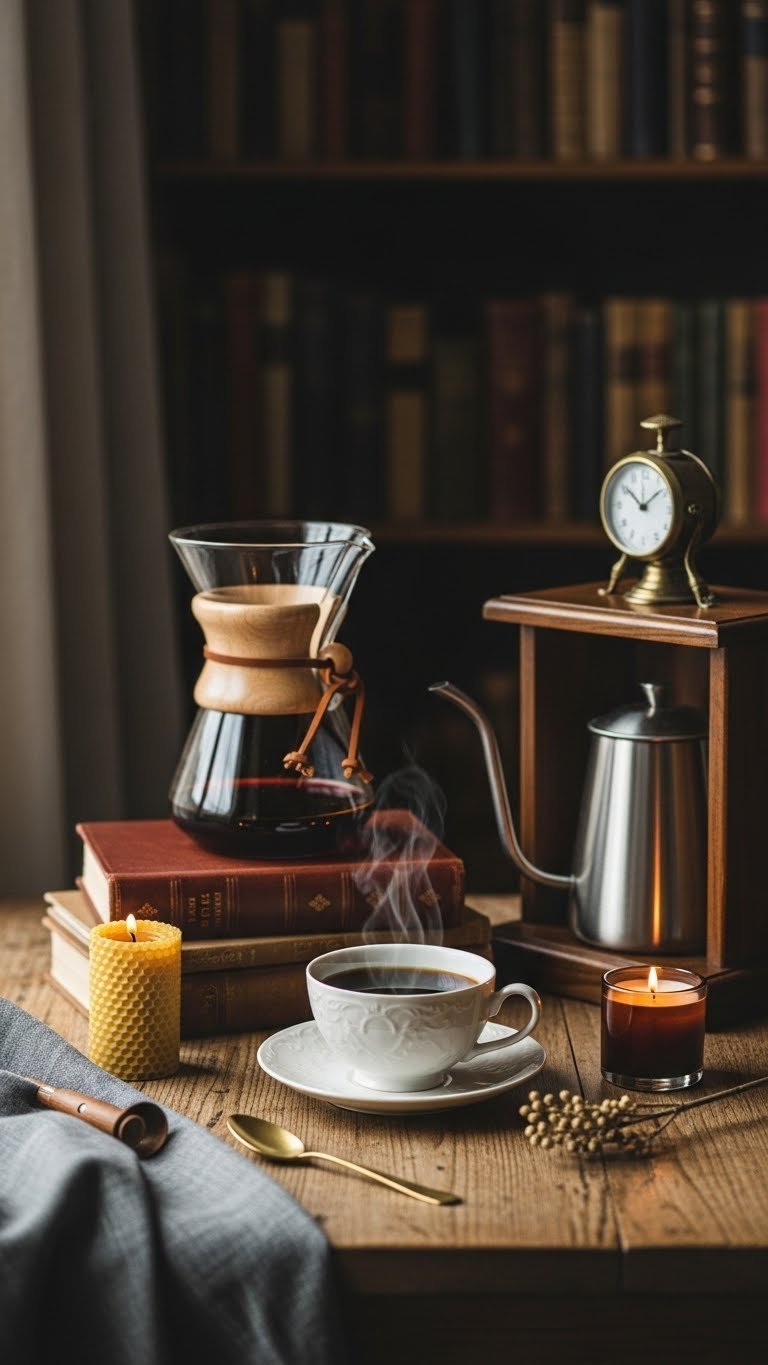 Vintage Dark Academia coffee station with ceramic pour-over maker, steaming black coffee, and leather-bound books on rustic wooden table