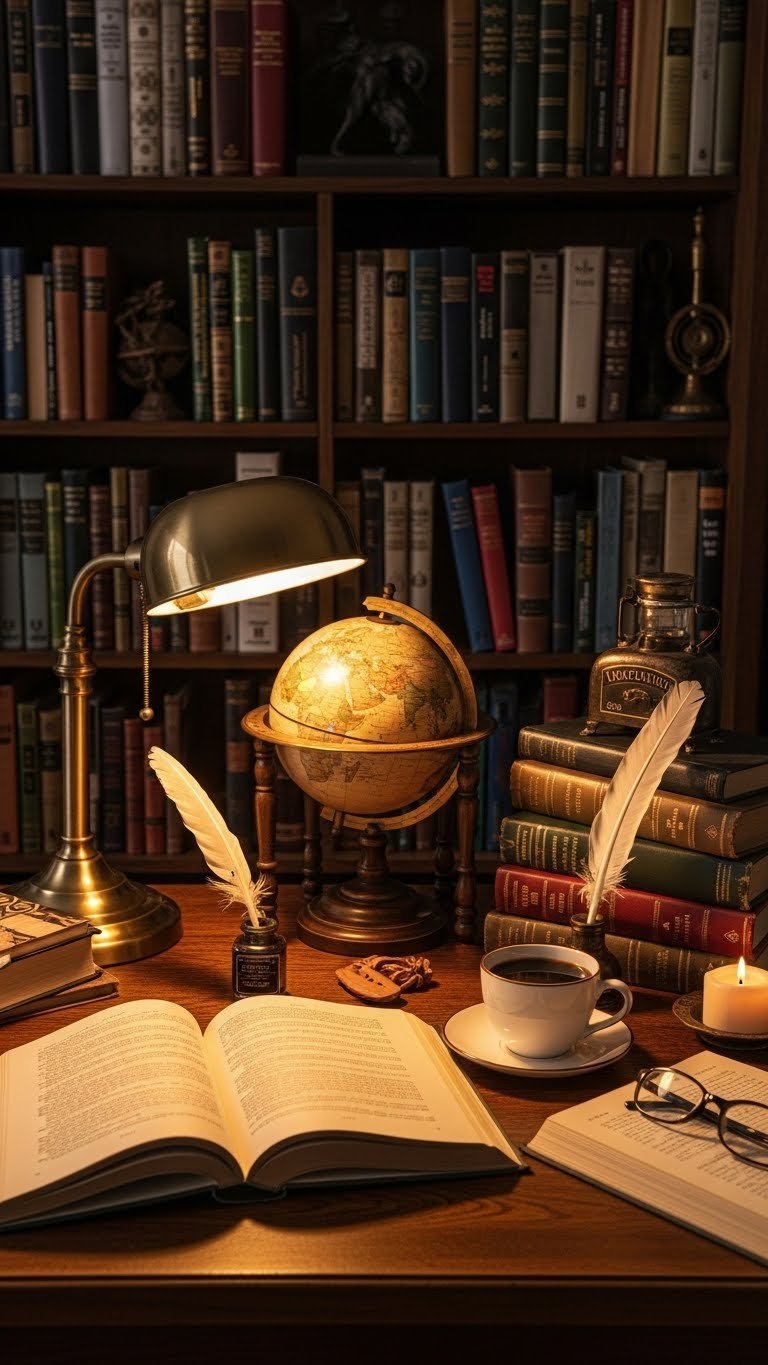 Vintage Dark Academia study desk with leather-bound book, brass lamp, globe, and steaming coffee mug