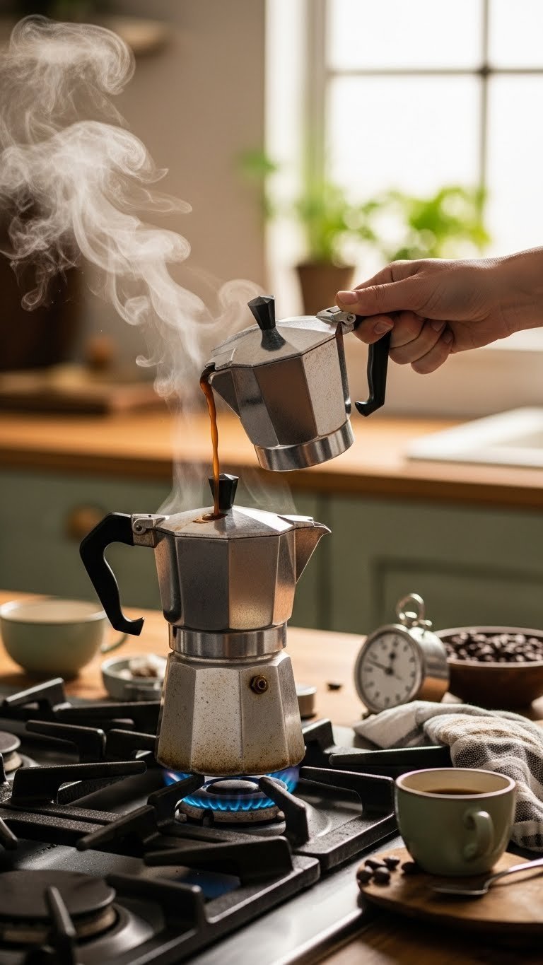 Vintage Moka pot brewing dark black coffee on cast-iron stovetop with coffee beans in rustic kitchen