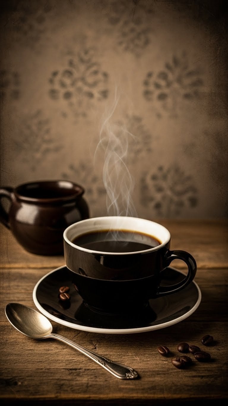 Vintage black coffee poster design with distressed texture on rustic wooden table setting