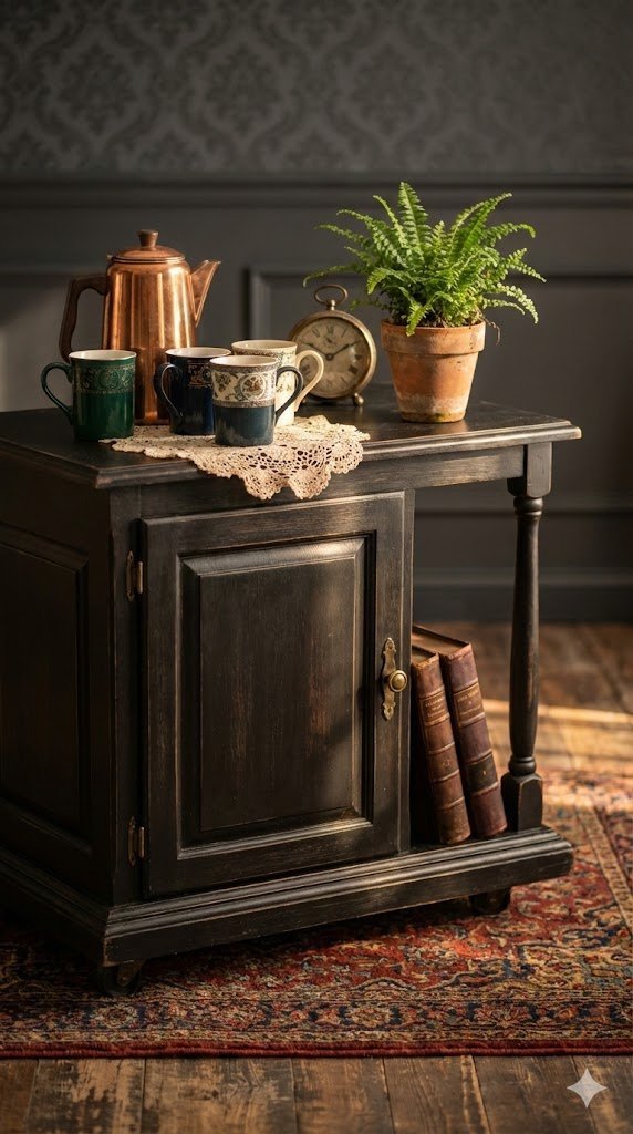 Vintage black wood coffee cart with distressed finish and antique percolator styled with patterned ceramic mugs on Persian rug.