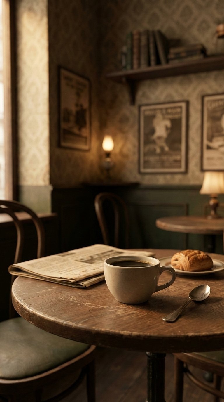 Vintage cafe scene with black coffee on bistro table featuring retro decor and warm nostalgic lighting