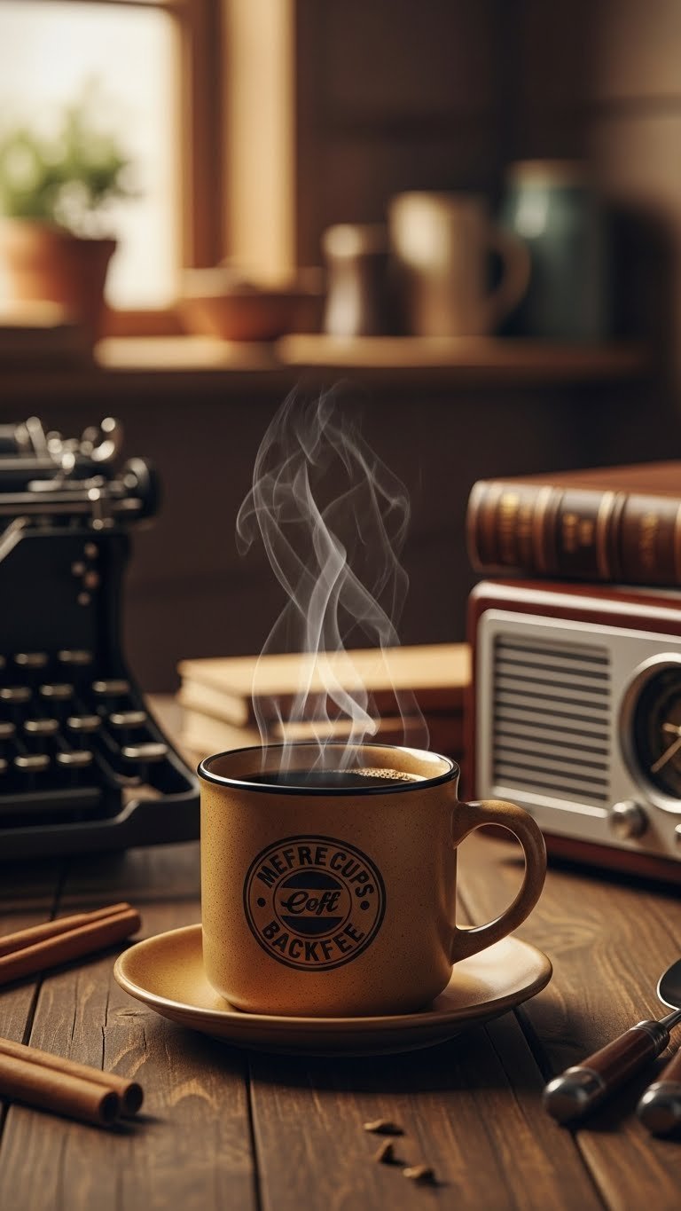 Vintage ceramic coffee mug with nostalgic pattern filled with steaming coffee on rustic wooden table.