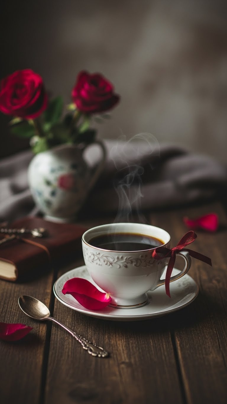 Vintage ceramic cup with black coffee and satin bow handle resting on rustic wooden table with rose petal