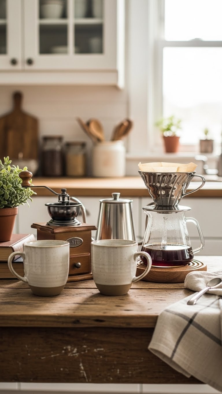 Vintage coffee bar setup with antique coffee grinder, ceramic mugs, and pour-over coffee maker on rustic wooden table in natural light