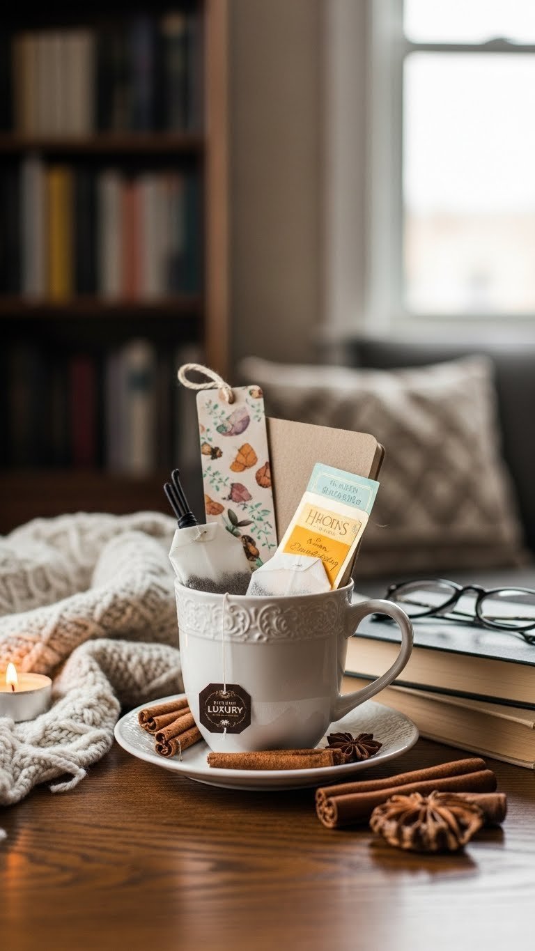 Vintage-inspired ceramic mug filled with bookmark, small notebook, luxury tea bags, and reading light beside classic novel