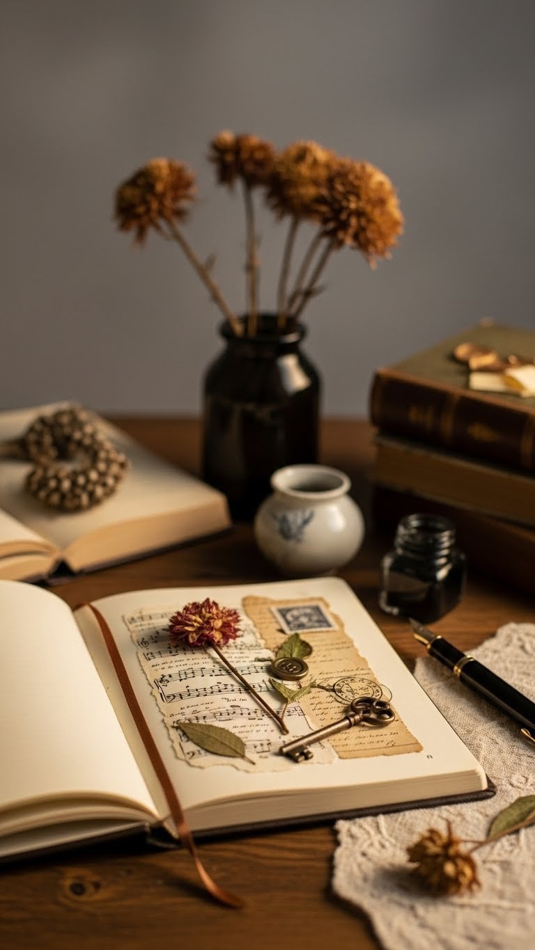 Vintage journal page adorned with pressed flowers and ephemera on rustic wooden background