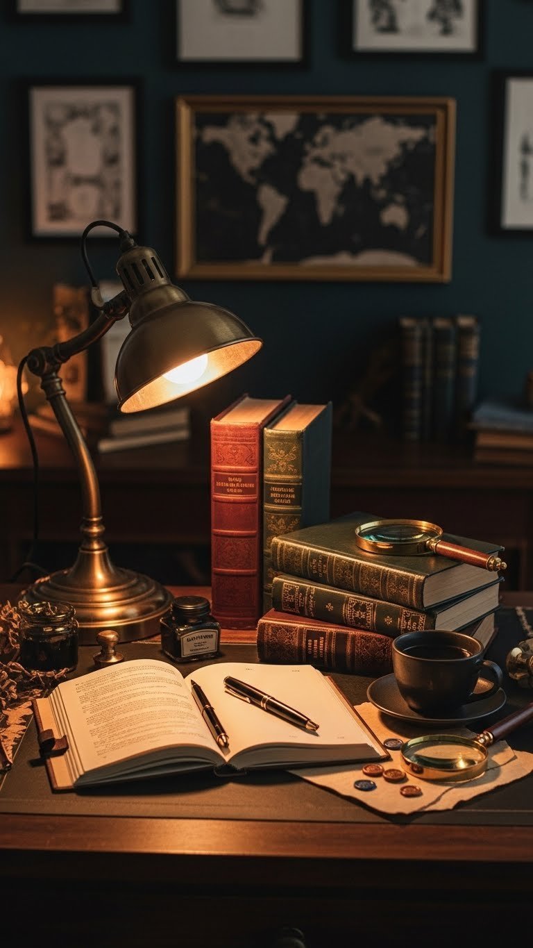 Ultimate Black Coffee Book Aesthetic 7 Cozy Decor Ideas 7 Vintage writer's desk with antique lamp, leather journal, fountain pen, and black coffee on dark wood surface