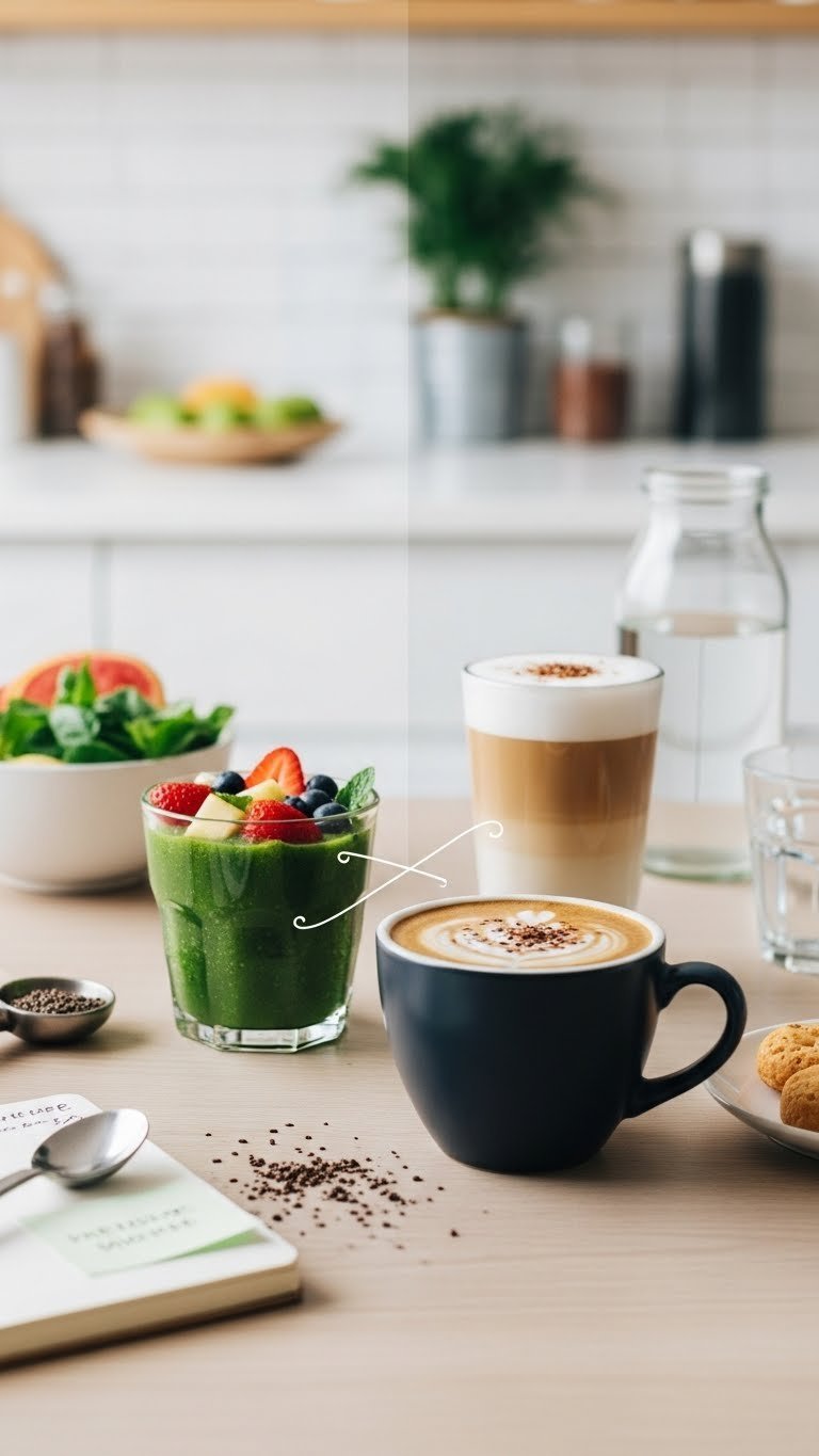 Black Coffee Latte: Master Recipes, Health & Comparison 9 Visual health comparison with green smoothie, black coffee mug, and creamy latte with sugar representing health benefits