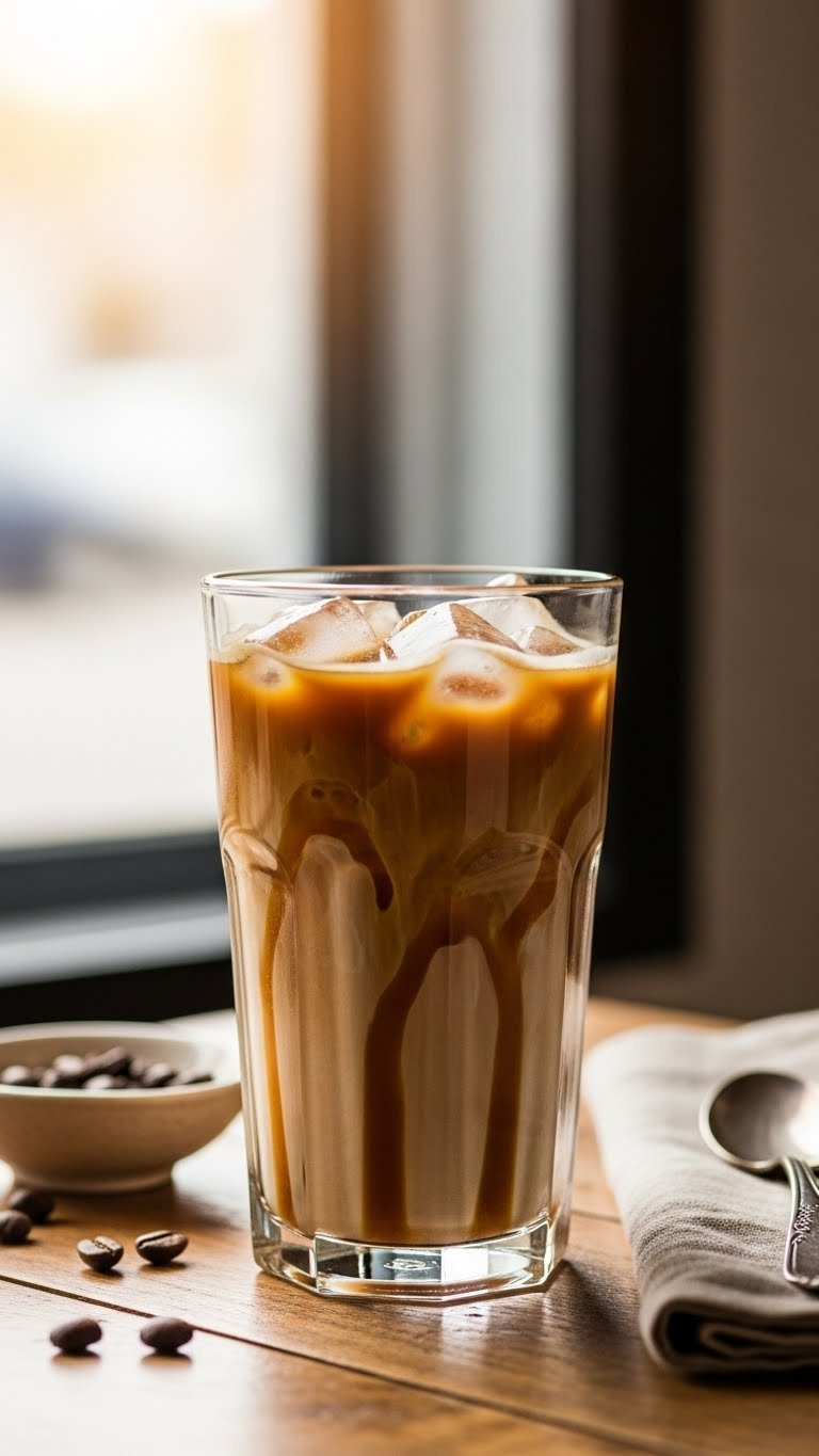 Visually appealing tall glass of sugar-free caramel iced coffee with golden swirl and ice cubes on rustic wooden table