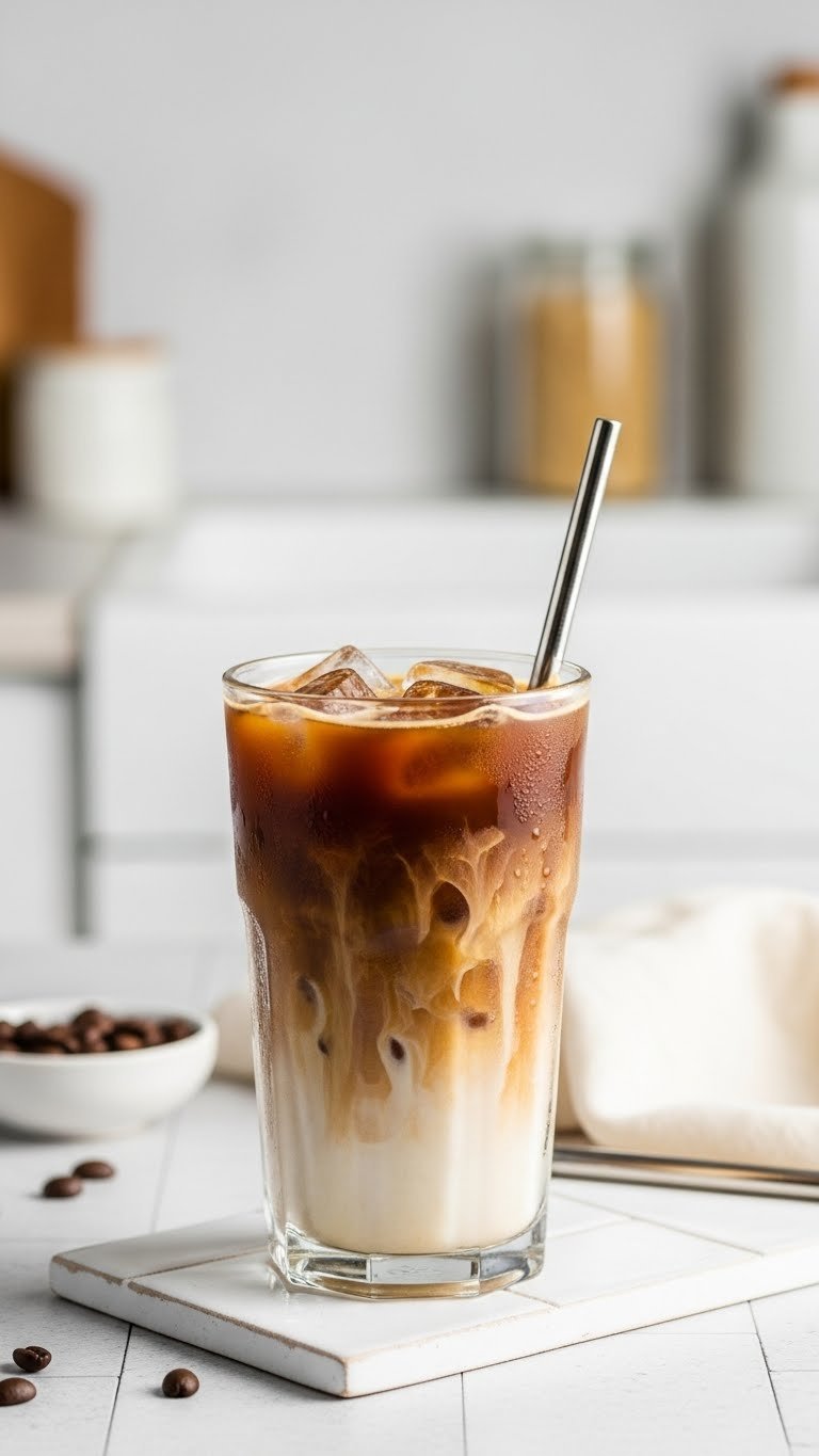 Visually rich tall glass of dirty keto iced coffee with layers of coffee, cream swirl, and ice on ceramic tile