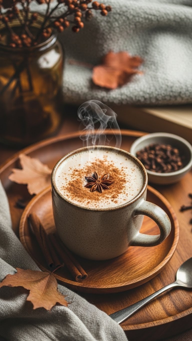 Protein Coffee Shake: 7 Easy Recipes for Energy & Health 5 Warm dairy-free spiced protein coffee shake with cinnamon and star anise in a rustic mug on a wooden tray with autumn leaves.