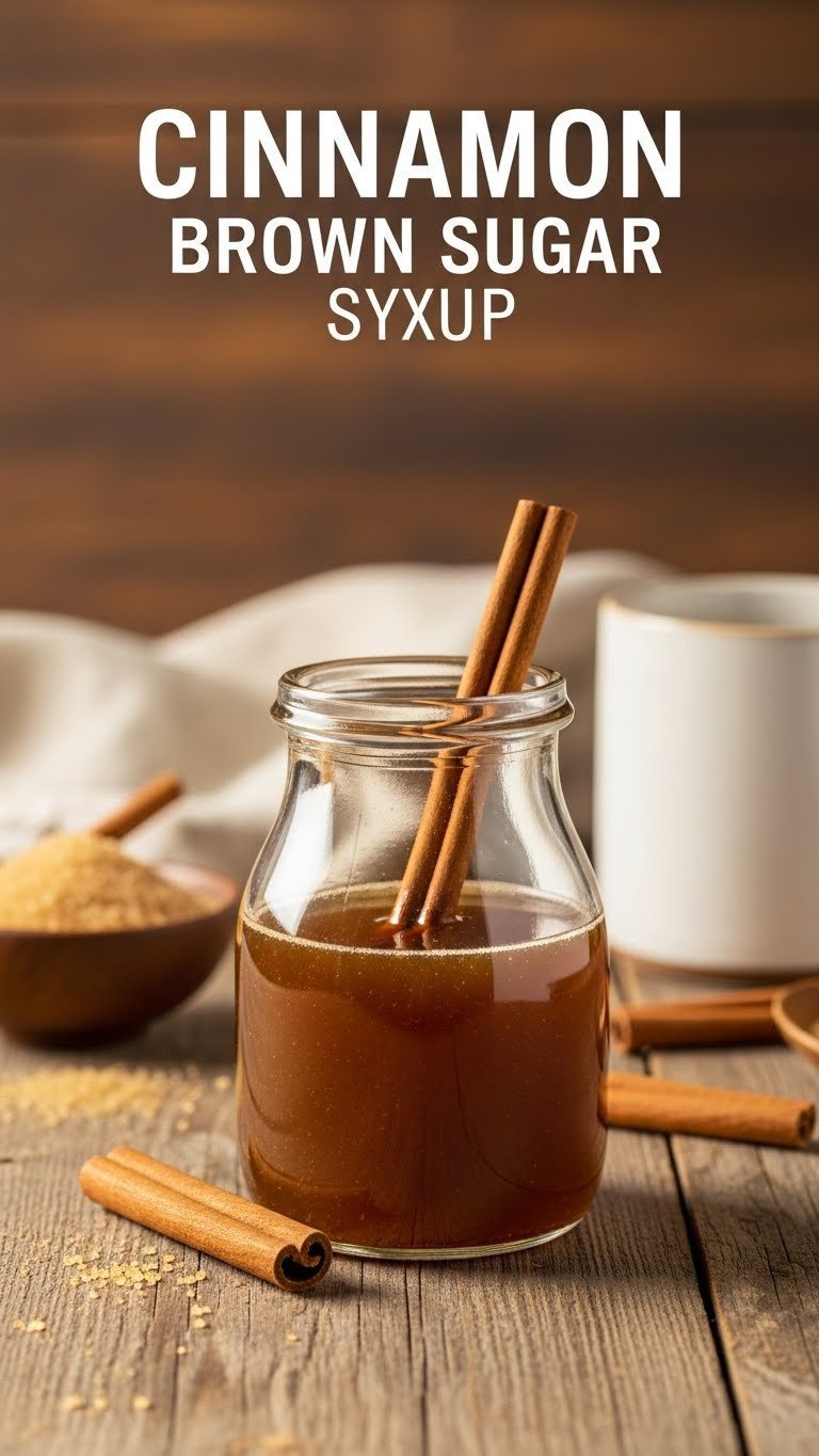 Warm golden-brown cinnamon brown sugar syrup in clear glass dispenser with whole cinnamon sticks on rustic table