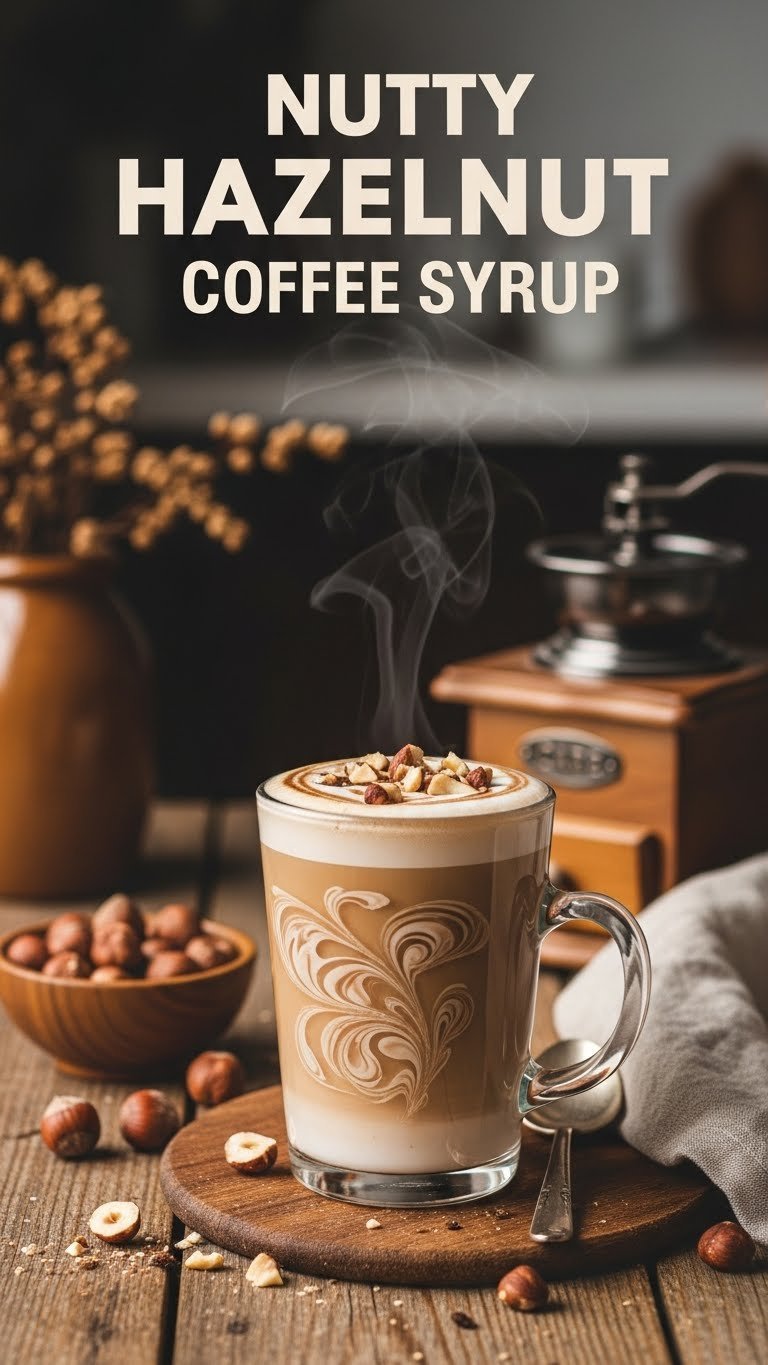 Warm hazelnut keto coffee syrup swirling into creamy latte with chopped hazelnuts on rustic wooden table