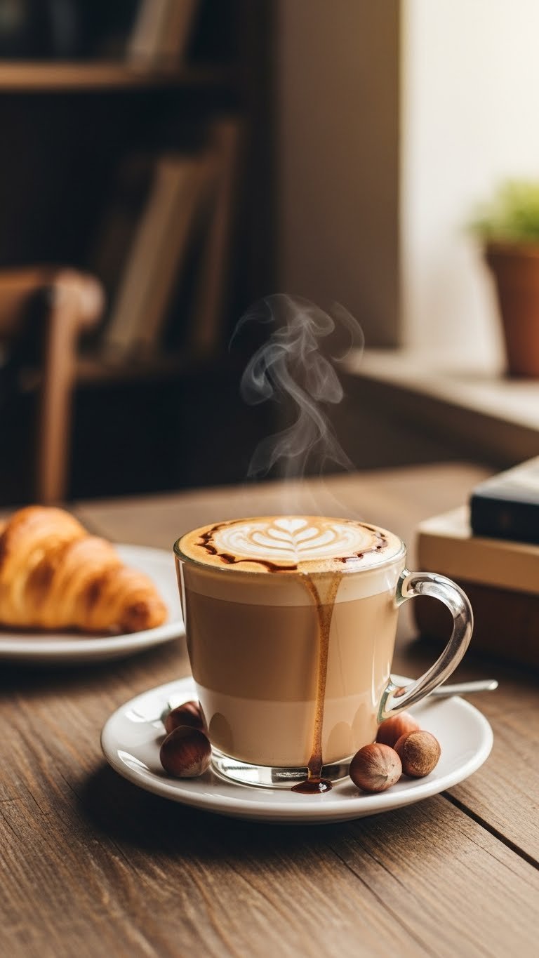 Warm hazelnut latte in clear glass mug with latte art and hazelnut garnish on rustic wooden table