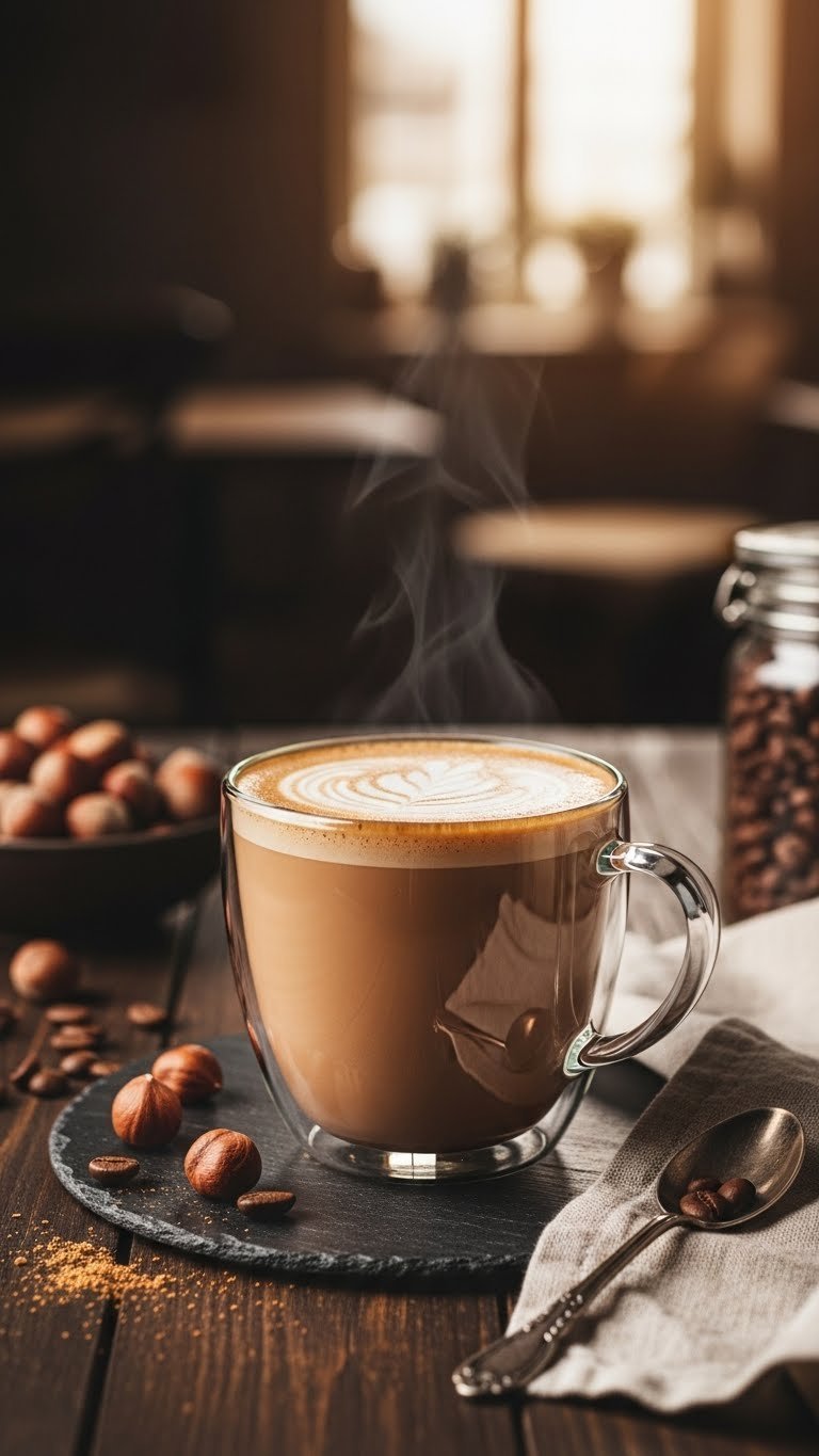 Easy Premier Protein Coffee Recipes: 11 Delicious Drinks 15 Warm hazelnut protein coffee in a sleek mug with foam and whole hazelnuts, on a rustic wooden table.