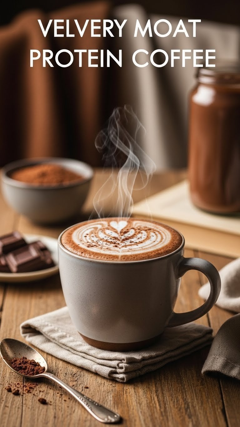 Warm hot mocha protein coffee in a ceramic mug with creamy foam, cocoa, steam, chocolate, and a vintage spoon.