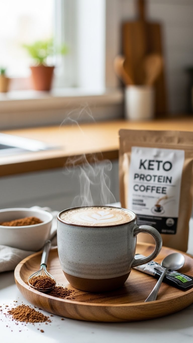 Make Keto Protein Coffee: 7 Delicious, Easy Recipes for Energy 11 Warm instant blender-free keto protein coffee with subtle foam in a rustic ceramic mug on a wooden tray, showing convenience.