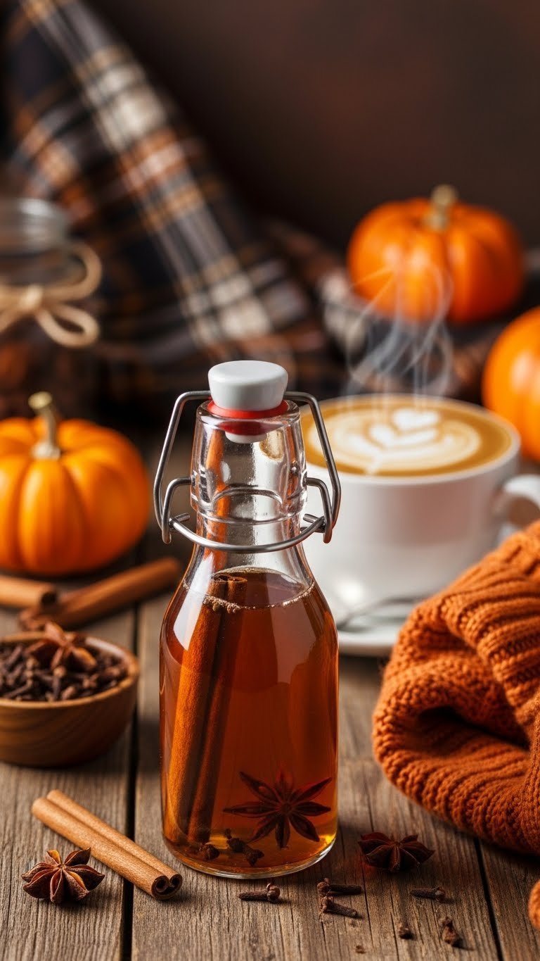 Warm pumpkin spice coffee syrup in swing-top glass bottle with cinnamon sticks and star anise in autumn-themed setting