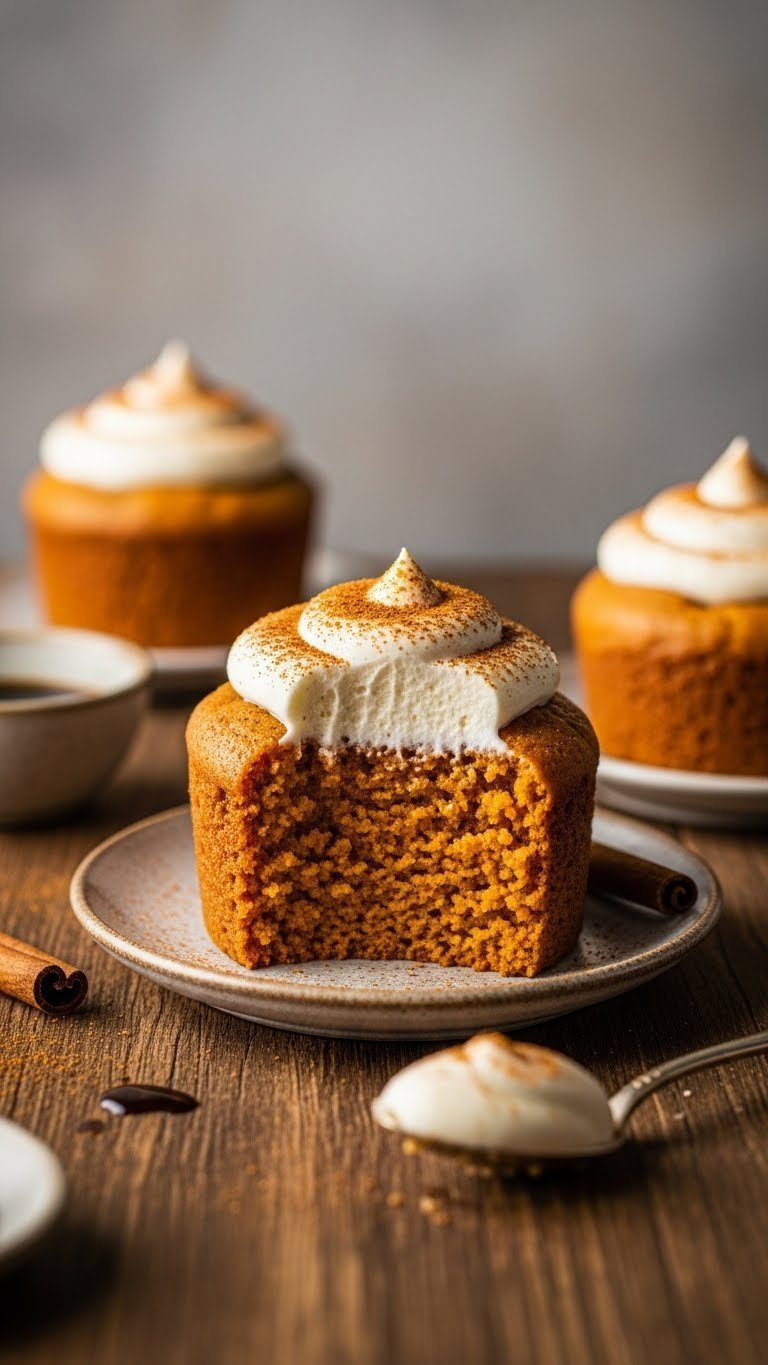 Warm pumpkin spice protein mug cake with cream cheese frosting, pumpkin spice on rustic wood. Cozy autumn dessert in golden light.