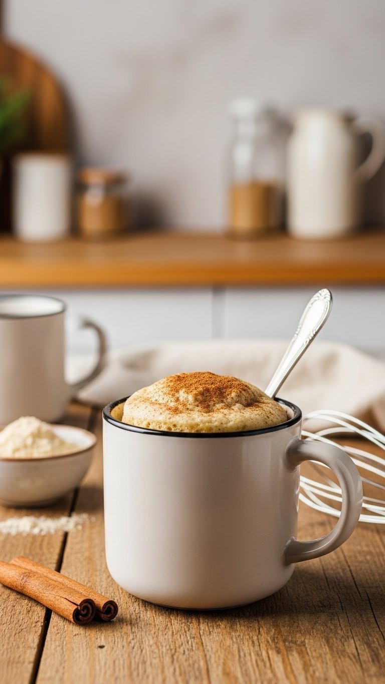 Warm single-serve protein coffee mug cake, dusted with cinnamon, spoon on rim, on a rustic table. Golden hour light.
