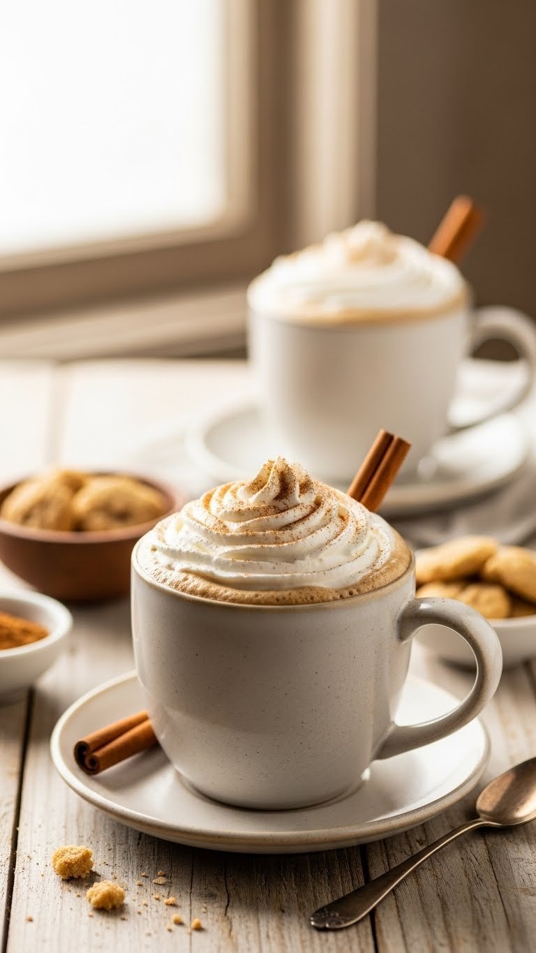 Warm snickerdoodle keto coffee with cinnamon whipped cream in charming ceramic mug