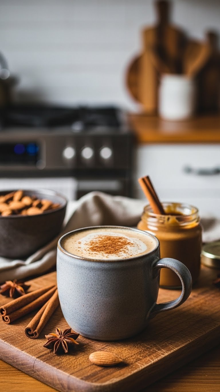 Make Keto Protein Coffee: 7 Delicious, Easy Recipes for Energy 13 Warm spiced almond butter keto protein coffee with cinnamon dust in a stoneware mug on a cutting board, conveying comfort.