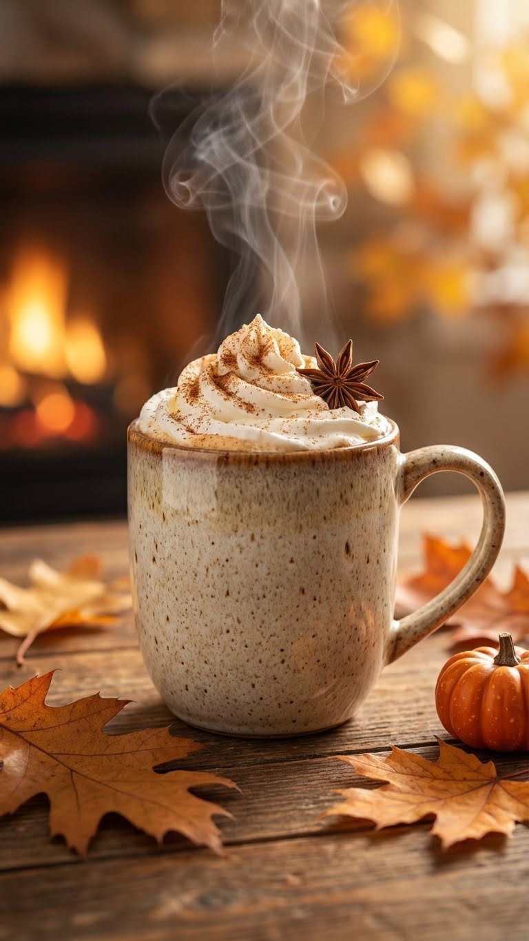 Protein Coffee: 7 Easy Recipes for Energy & Muscle 13 Warm spiced autumn energy brew protein coffee in a stoneware mug with whipped cream, spices, and a decorative pumpkin on a wooden table.