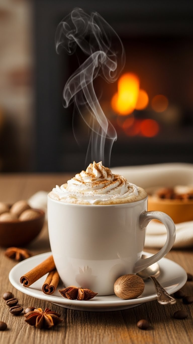 Rich Maple Syrup Coffee: 7 Recipes for Cafe Taste 5 Warm spiced maple coffee mug with whipped cream and cinnamon nutmeg dusting by cozy fireplace setting