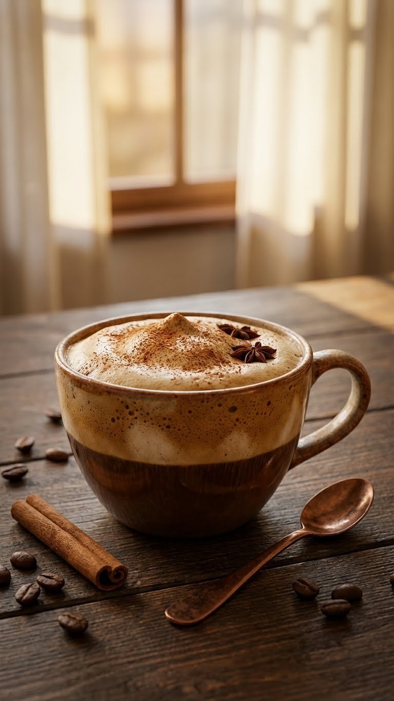 Mushroom Whipped Coffee: Ultimate Recipe for Focus & Energy 7 Warm spiced mushroom whipped coffee dusted with cinnamon and star anise in a cozy mug on a dark wooden surface.
