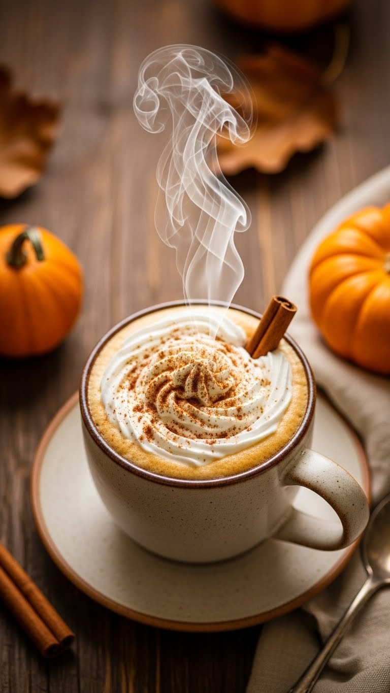 Easy Premier Protein Coffee Recipes: 11 Delicious Drinks 9 Warm spiced pumpkin protein latte in a ceramic mug with frothed milk and cinnamon, on a distressed wooden table.