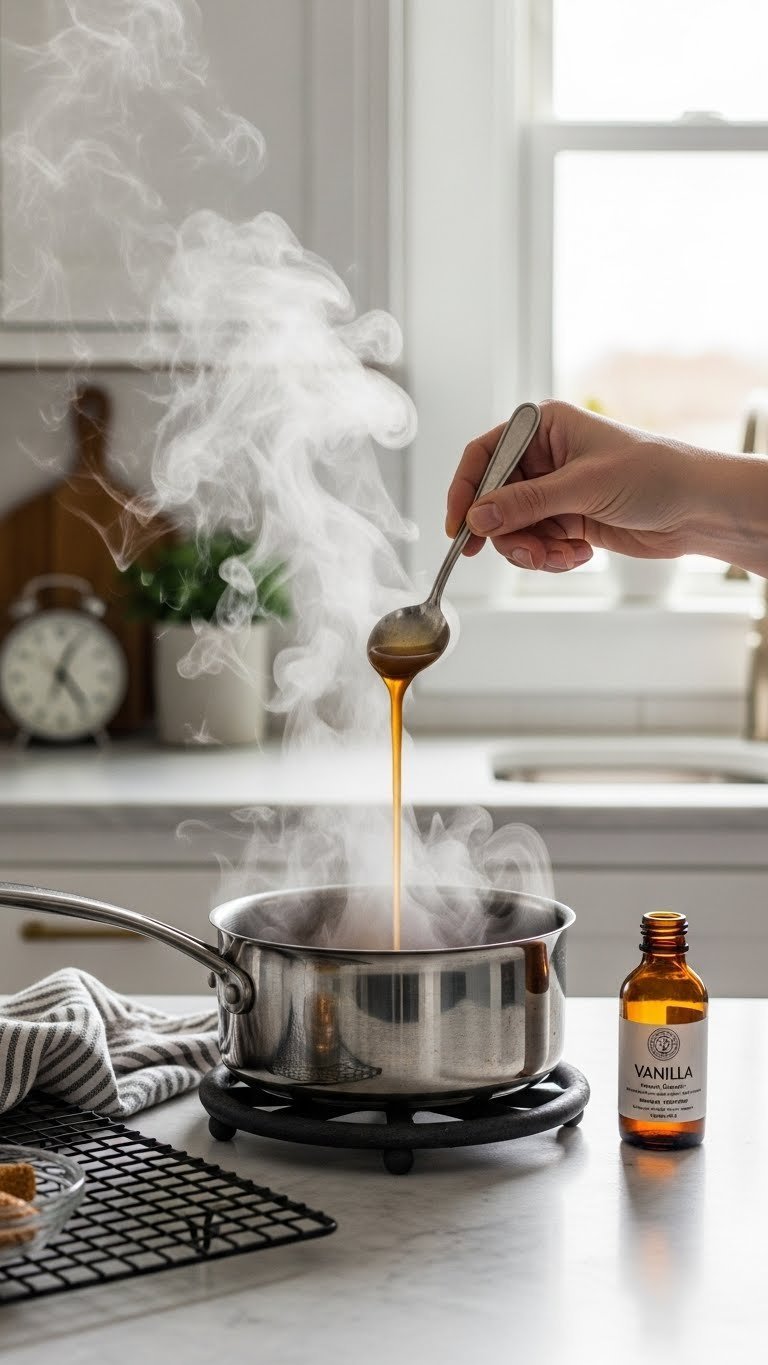 Warm teddy graham syrup cooling in saucepan on marble countertop with vanilla extract bottle nearby
