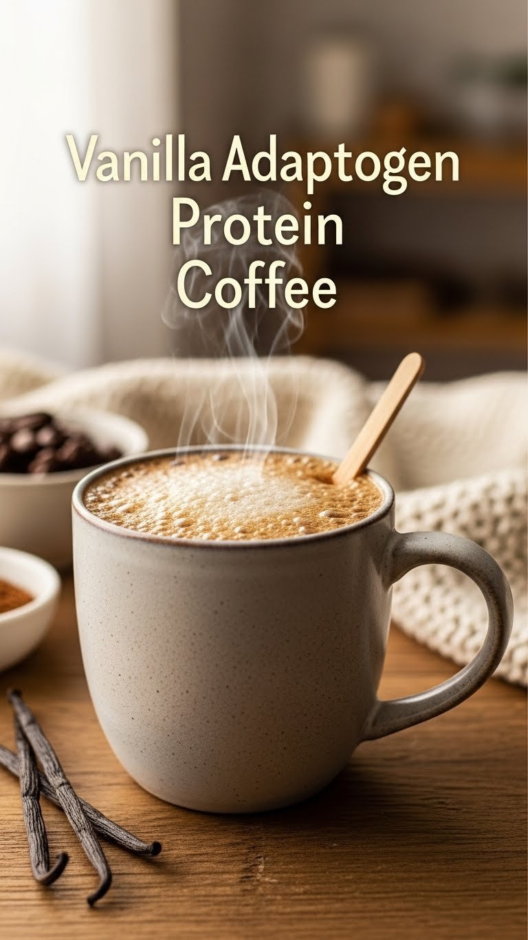 Warm vanilla adaptogen protein coffee in a ceramic mug with foam, wooden stirrer, vanilla beans on a rustic table.