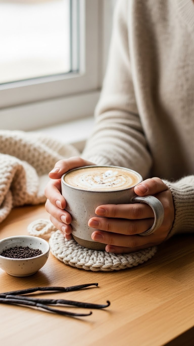 Warm vanilla bean keto latte in ceramic mug held by hands with soft golden hour lighting