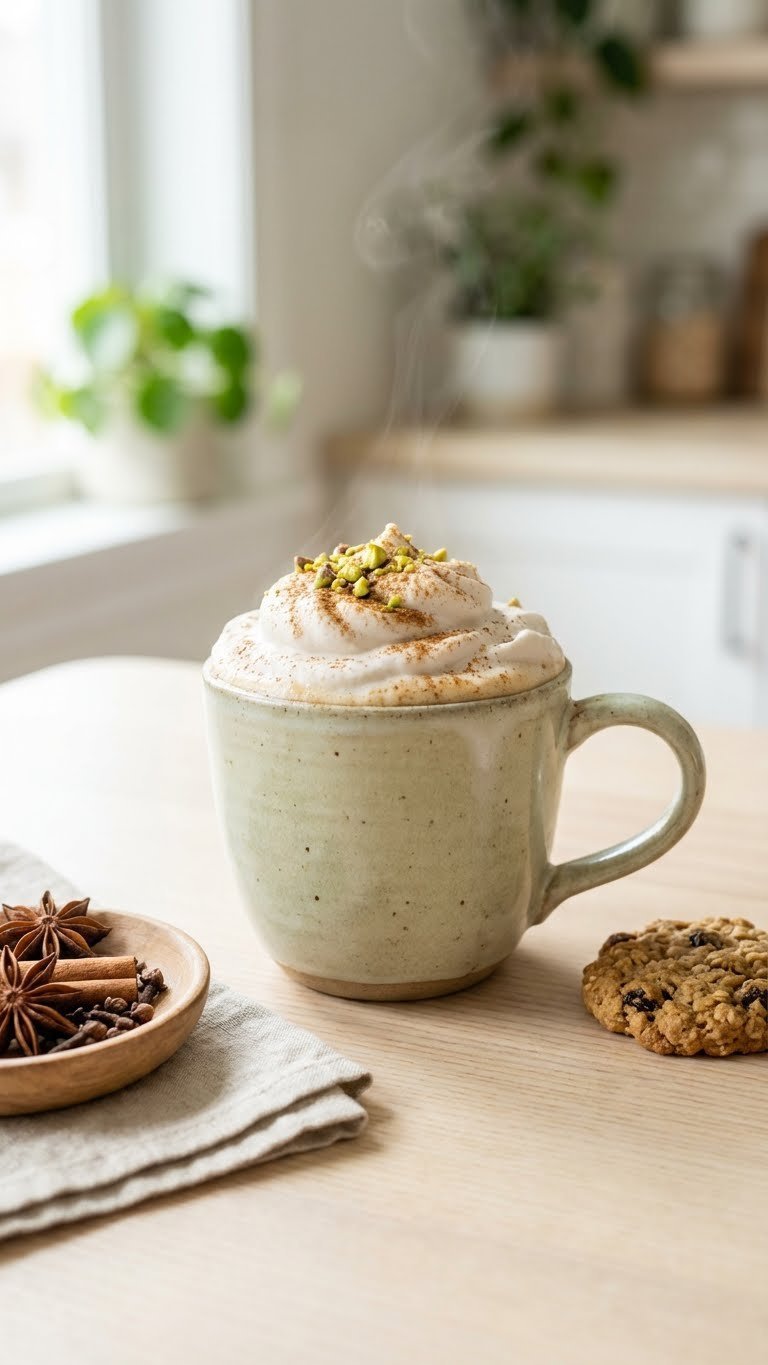 Warm vegan chai latte topped with fluffy vegan whipped cream, cinnamon, and pistachios on a light wooden table.