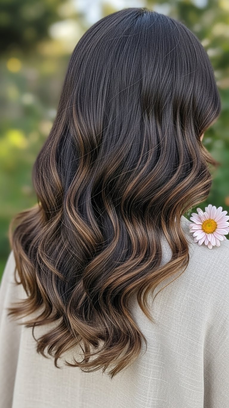 Wavy coffee brown hair with shimmering highlights captured at 45-degree angle against linen fabric and garden setting