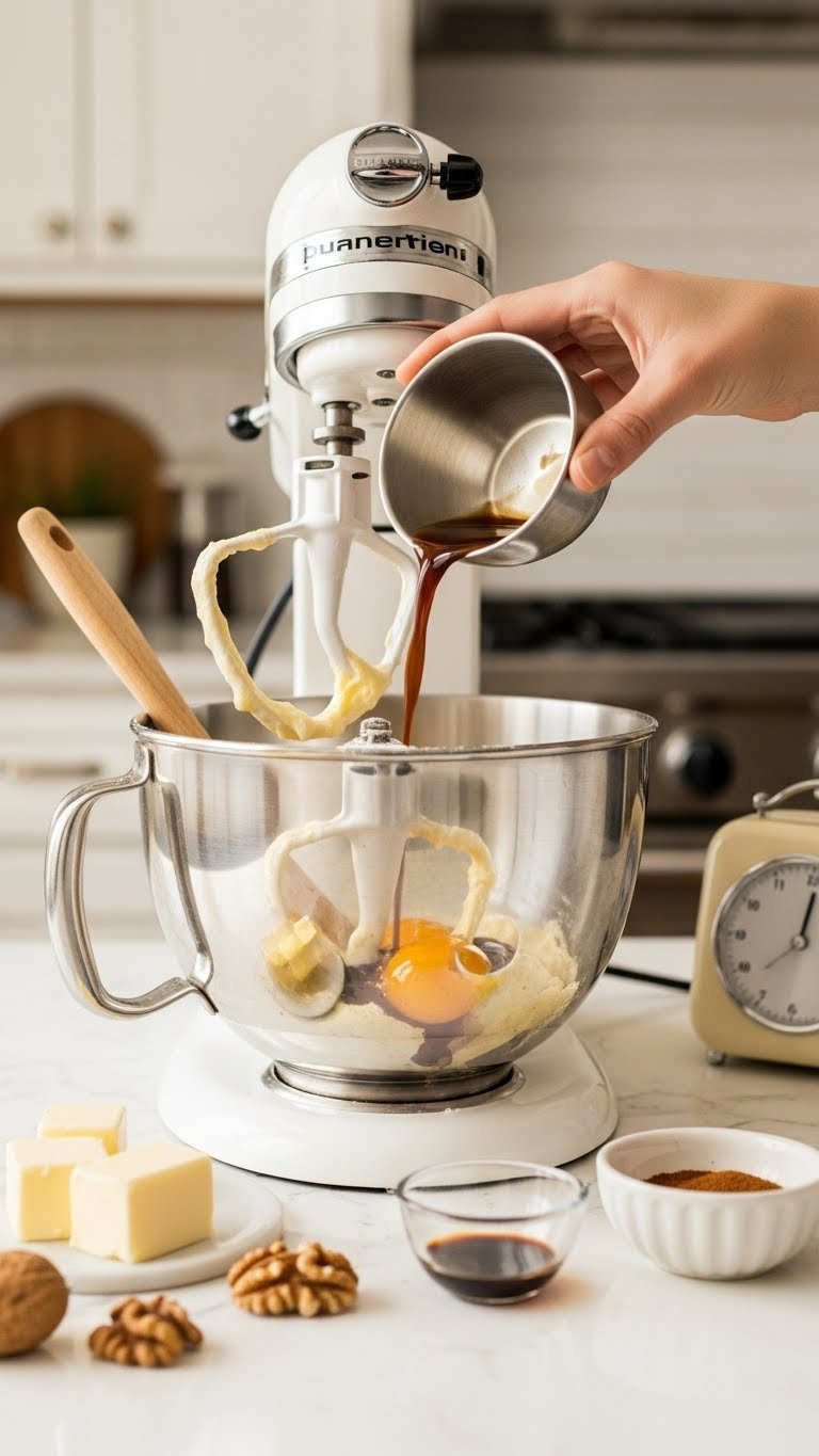 Wet ingredients being creamed for keto coffee walnut cake with butter, erythritol, eggs, and instant coffee mixture in stand mixer