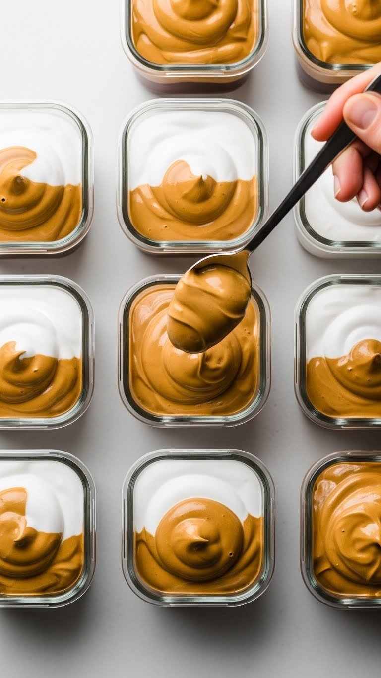 Whipped Coffee Meal Prep Proven Make Ahead Method for Busy Mornings 5 Whipped Dalgona coffee is neatly spooned into small glass meal prep containers, shown in a clean, organized flat lay.