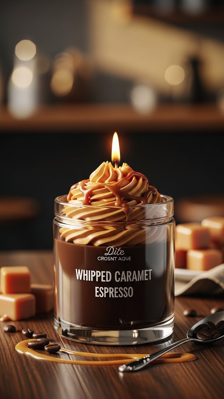 Best Whipped Coffee Candle: 7 Perfect Picks & DIY Guide 11 Whipped caramel espresso candle burning with flickering flame in clear glass jar on dark wood