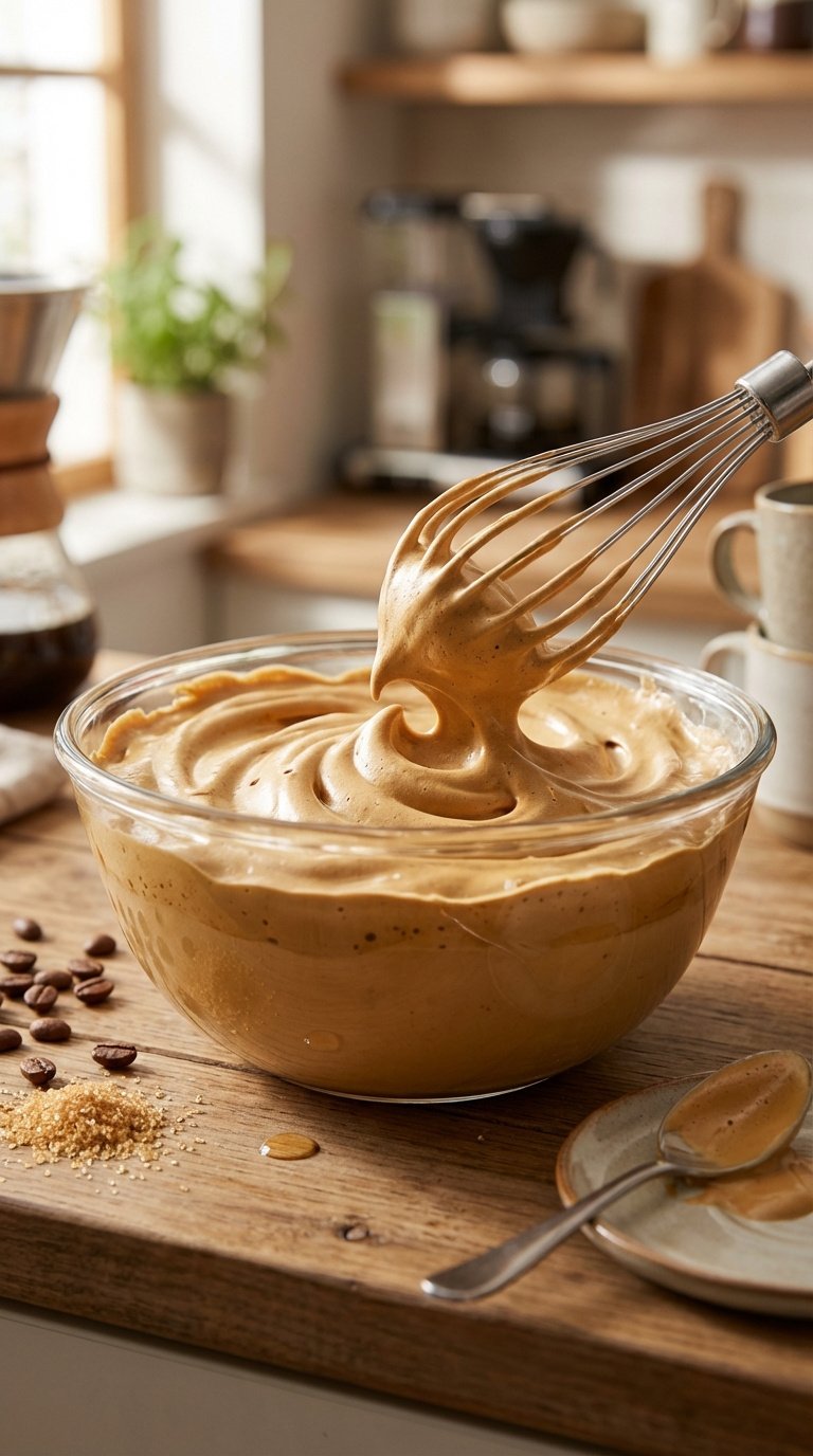 Whipped Coffee Caramel: Ultimate Recipe for Perfect Foam 3 Whipped coffee caramel foam being prepared with an electric whisk in a glass bowl on a wooden kitchen counter.